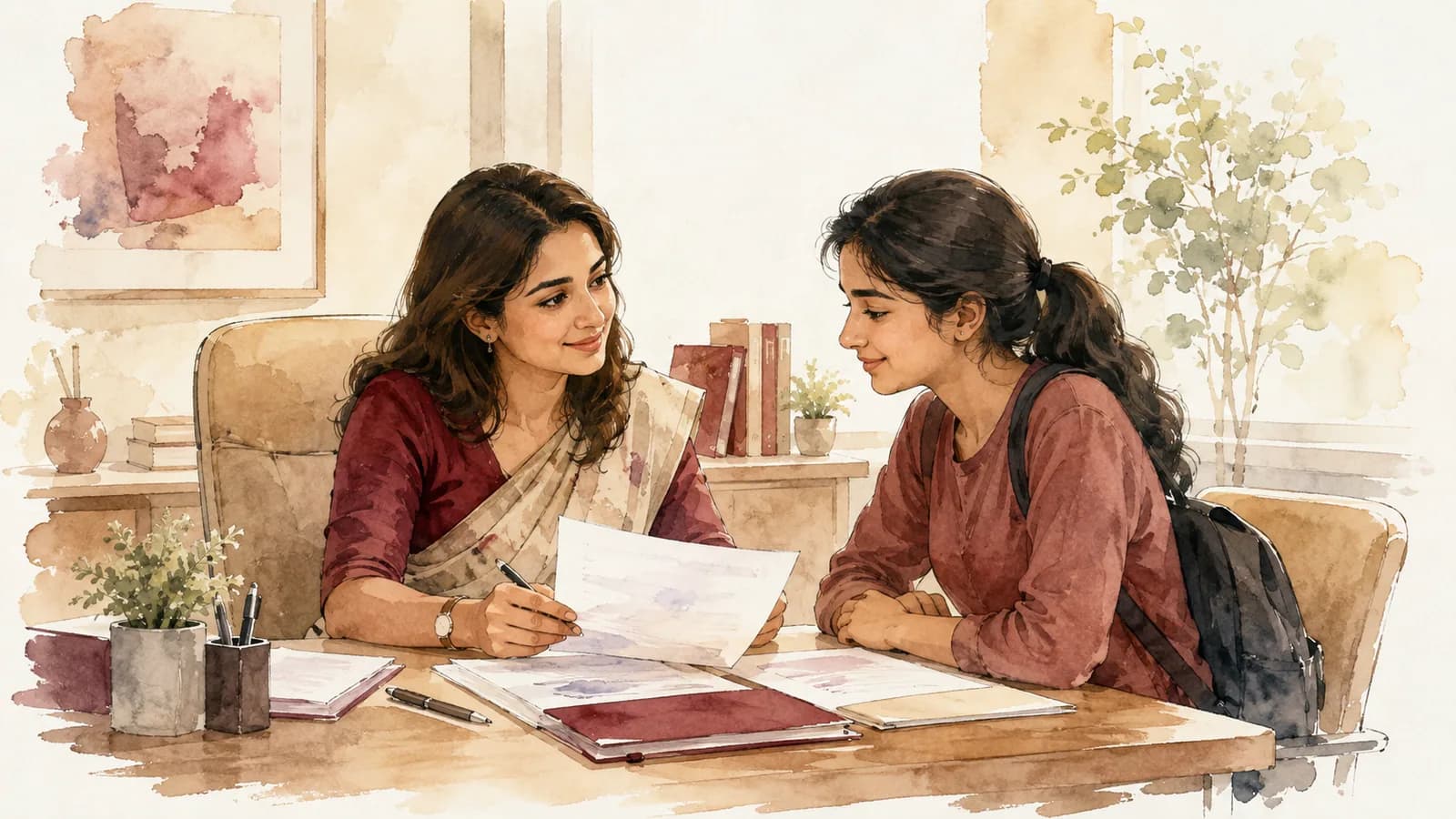Watercolour — a counsellor going through application documents with a student