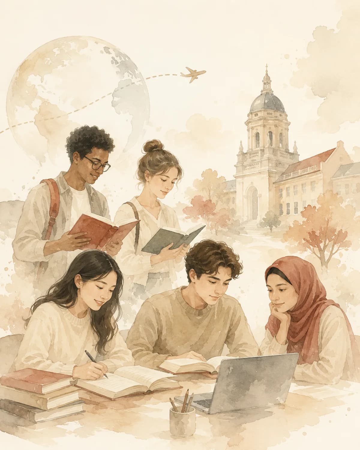 Watercolour scene of students and teachers learning together, from classroom to graduation