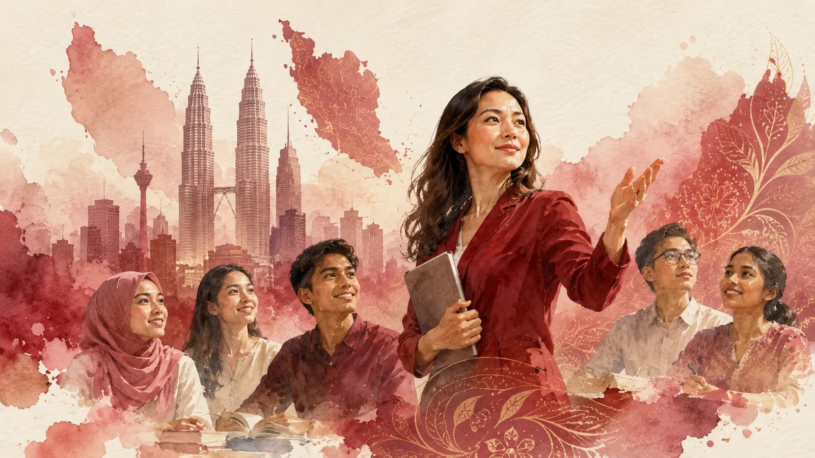 Watercolour — a teacher guiding students, with the Kuala Lumpur skyline behind them
