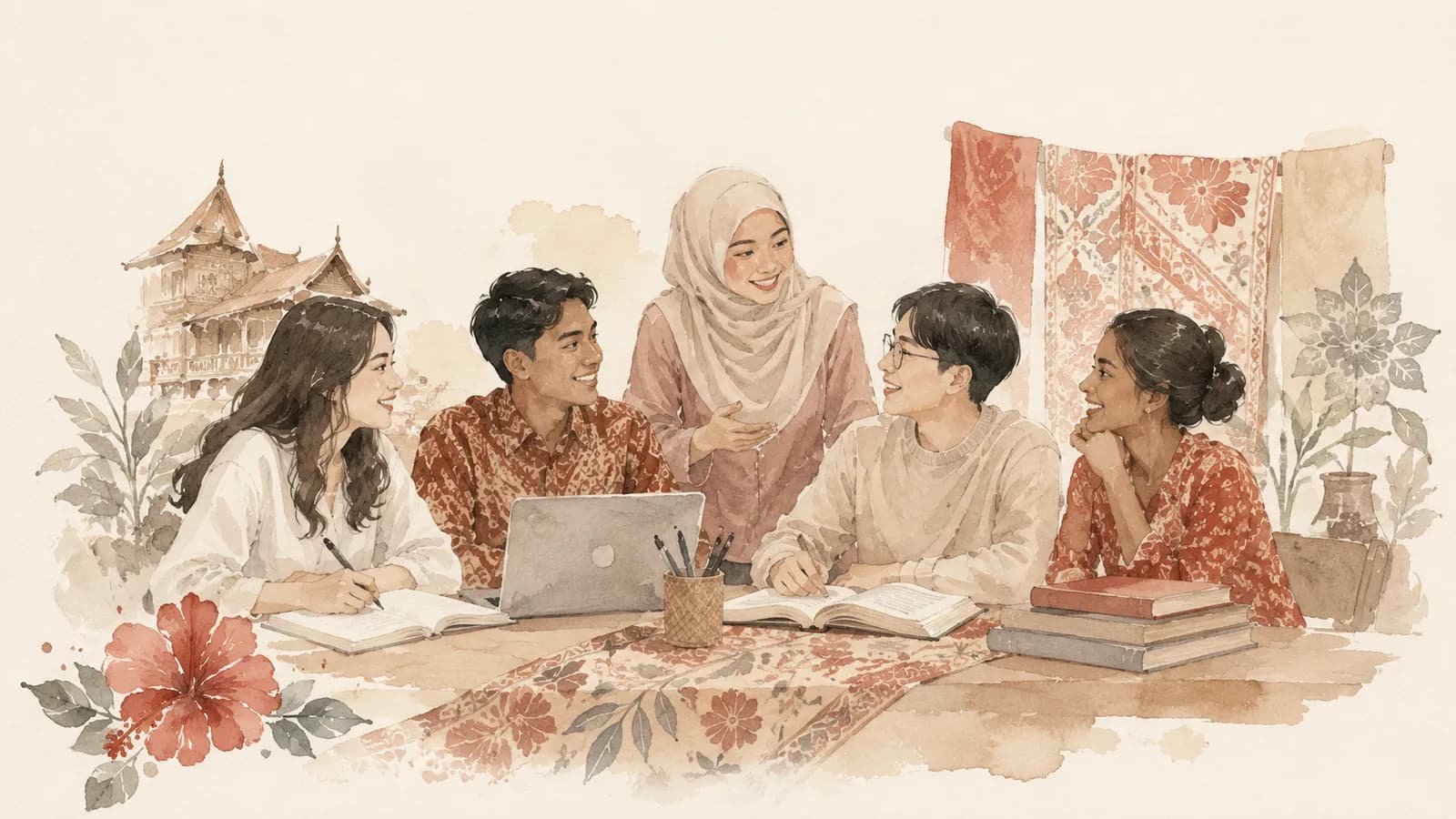 Watercolour — five students in conversation around a laptop, batik and hibiscus behind them