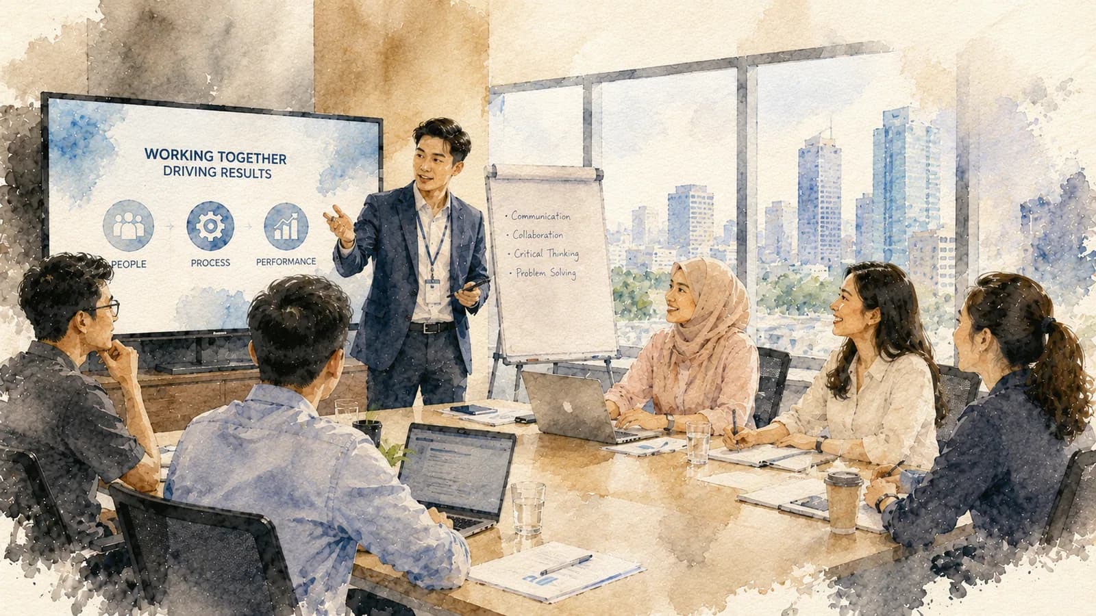 Watercolour — a trainer working with a team of professionals around a boardroom table