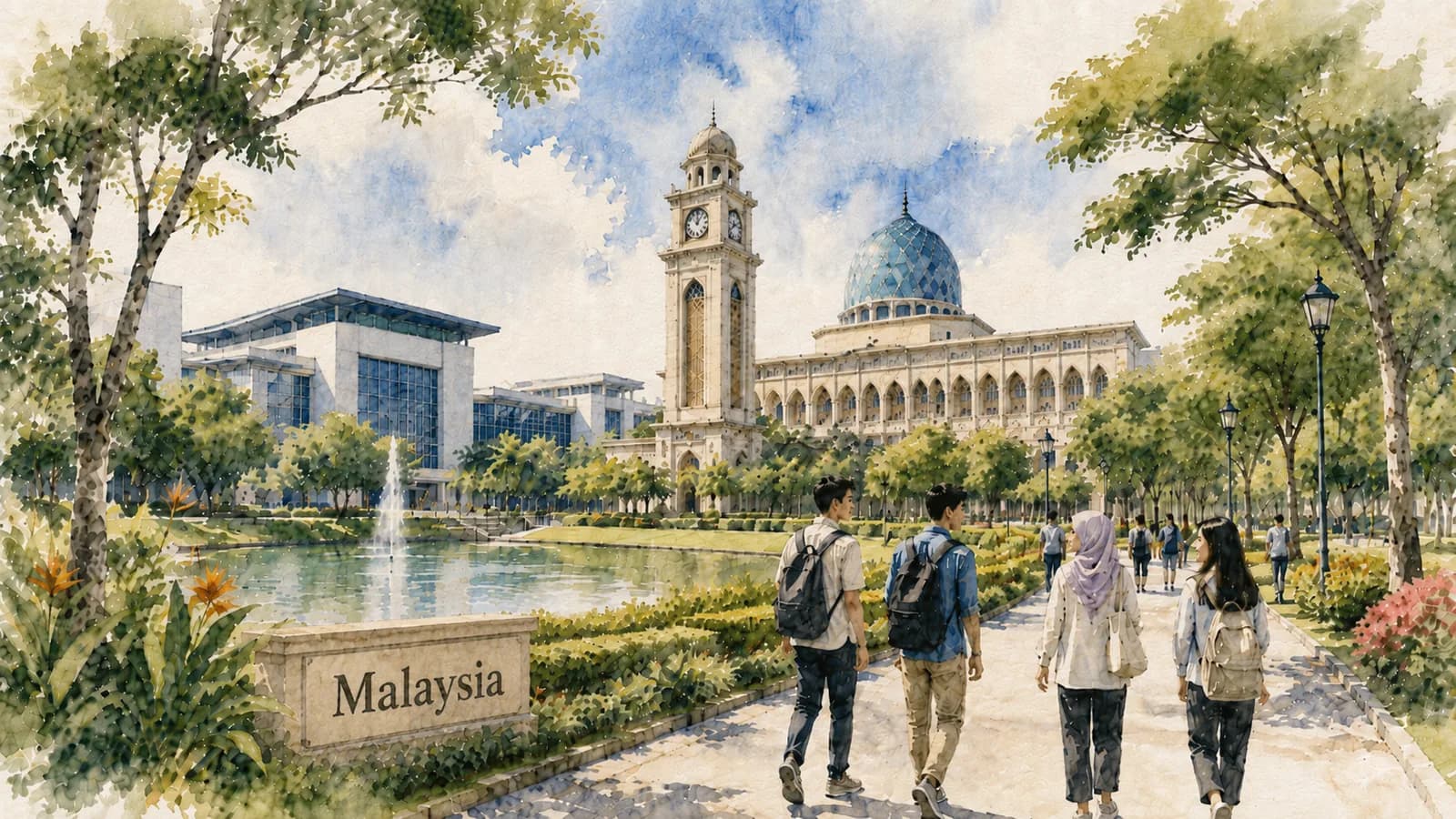 Watercolour — a Malaysian university campus, the destination at the end of the route