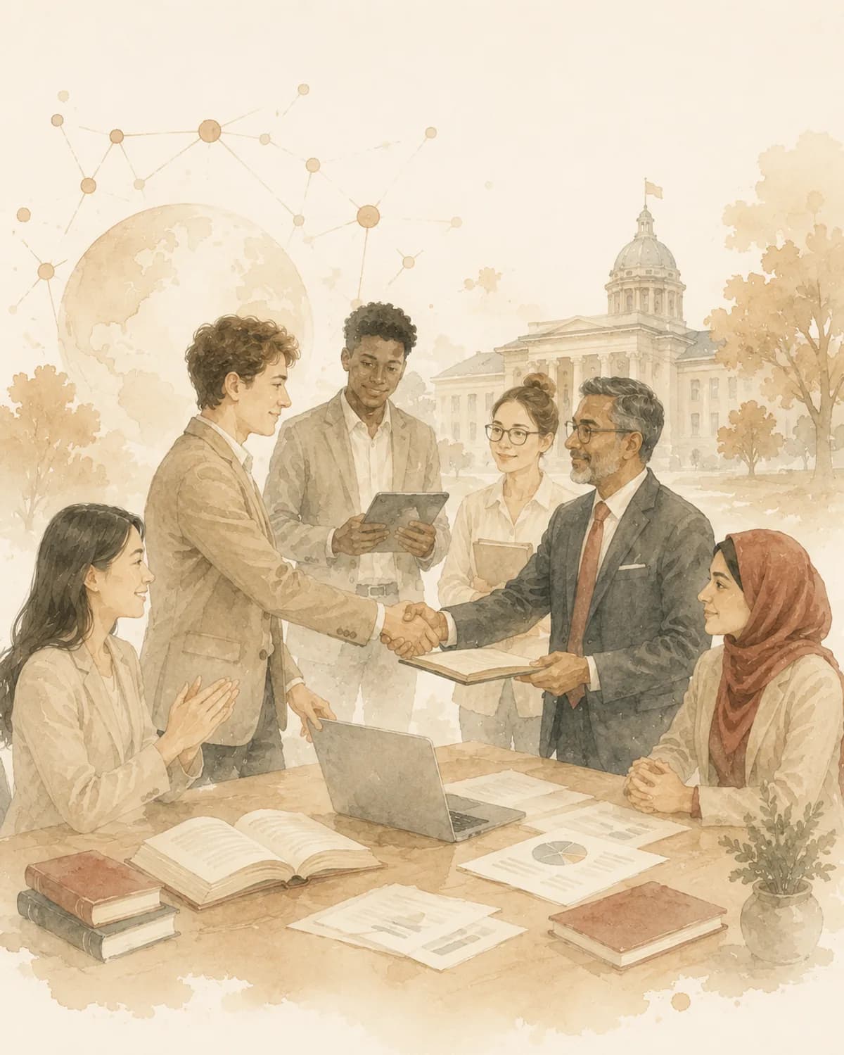 Watercolour scene of institutional partners meeting and signing agreements