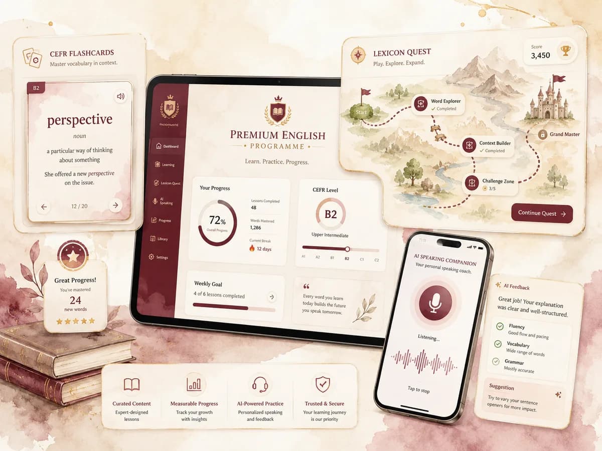 Premium's own learning tools — CEFR Flashcards, Lexicon Quest and the AI Speaking Companion, shown across devices