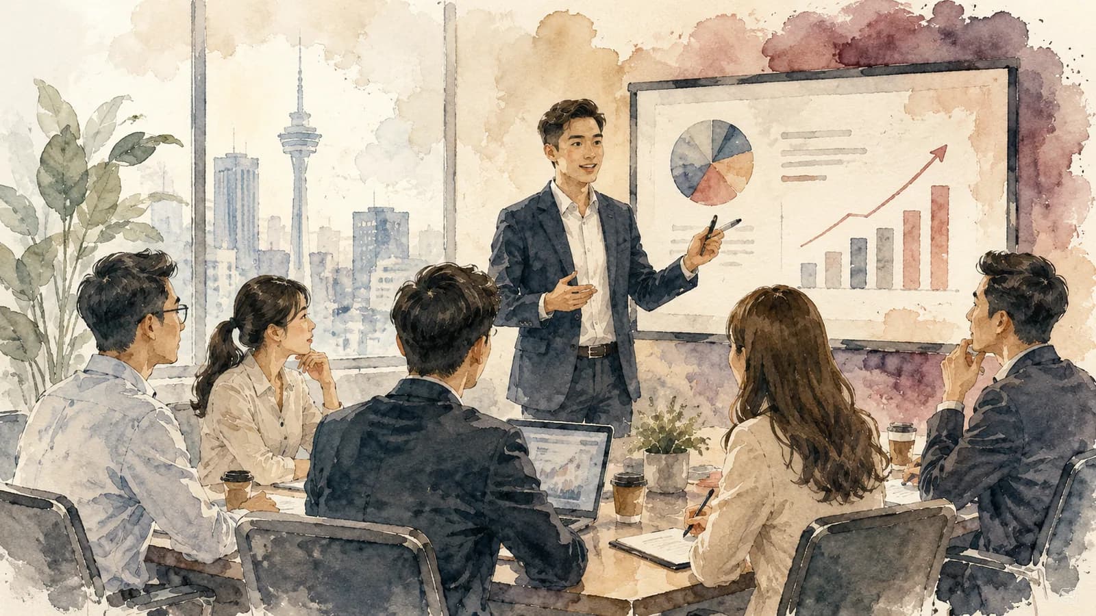 Watercolour — a professional presenting to colleagues across a meeting table