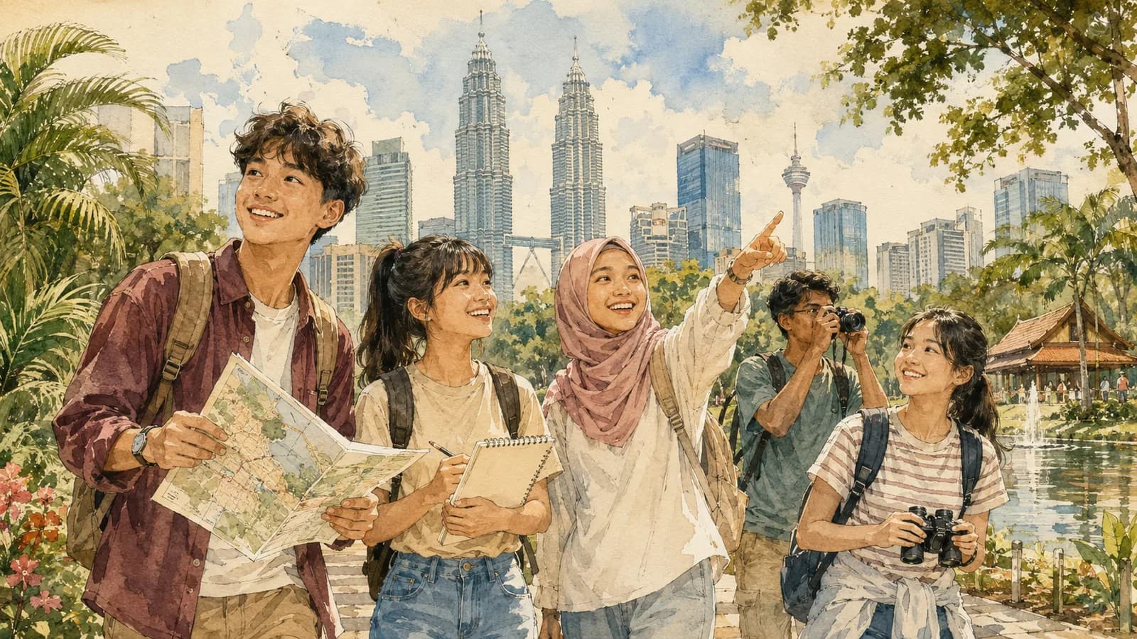 Watercolour — a camp group outdoors in Malaysia, bright and mid-activity