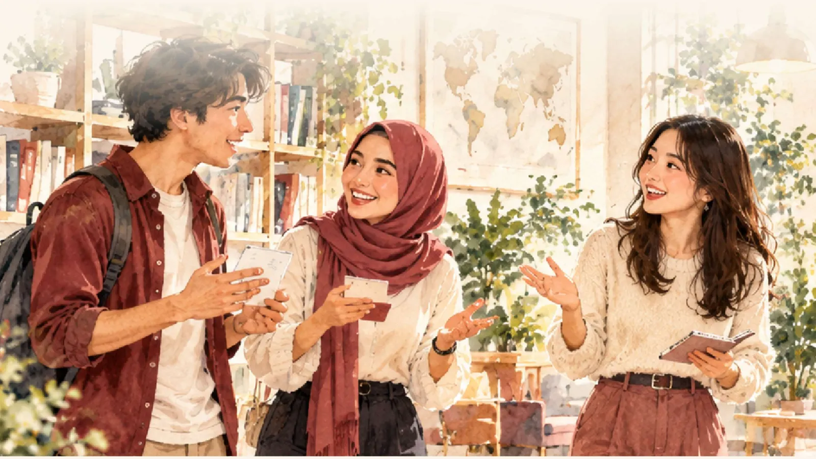 Watercolour — students in lively conversation in a sunlit library, a city skyline through the windows