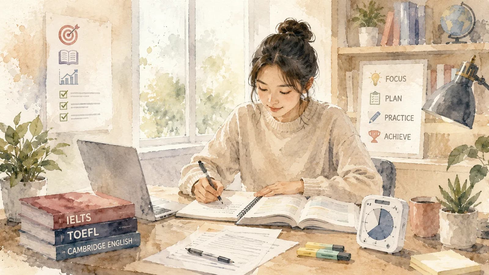 Watercolour — a candidate at a desk mid-paper, calm and focused