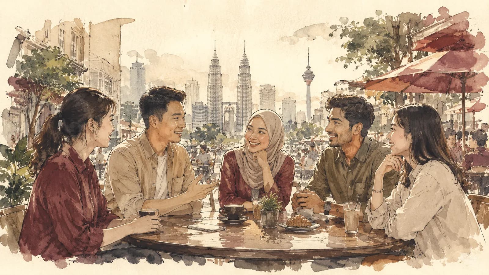 Watercolour — a small group in easy conversation, Kuala Lumpur street life behind them