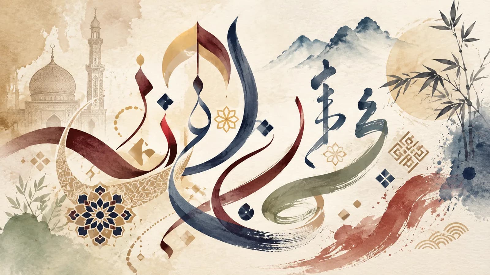 Watercolour — Arabic, Chinese and Malay script together